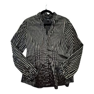 ALFANI Women's Black & Brown Striped Long-sleeve Blouse Top Metallic Sz 10